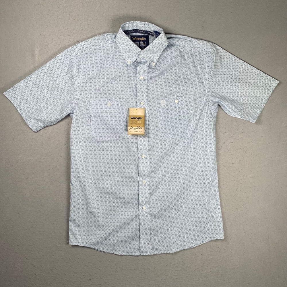 Wrangler George Strait Shirt Mens Small Blue Geometric Relaxed Fit  Short Sleeve